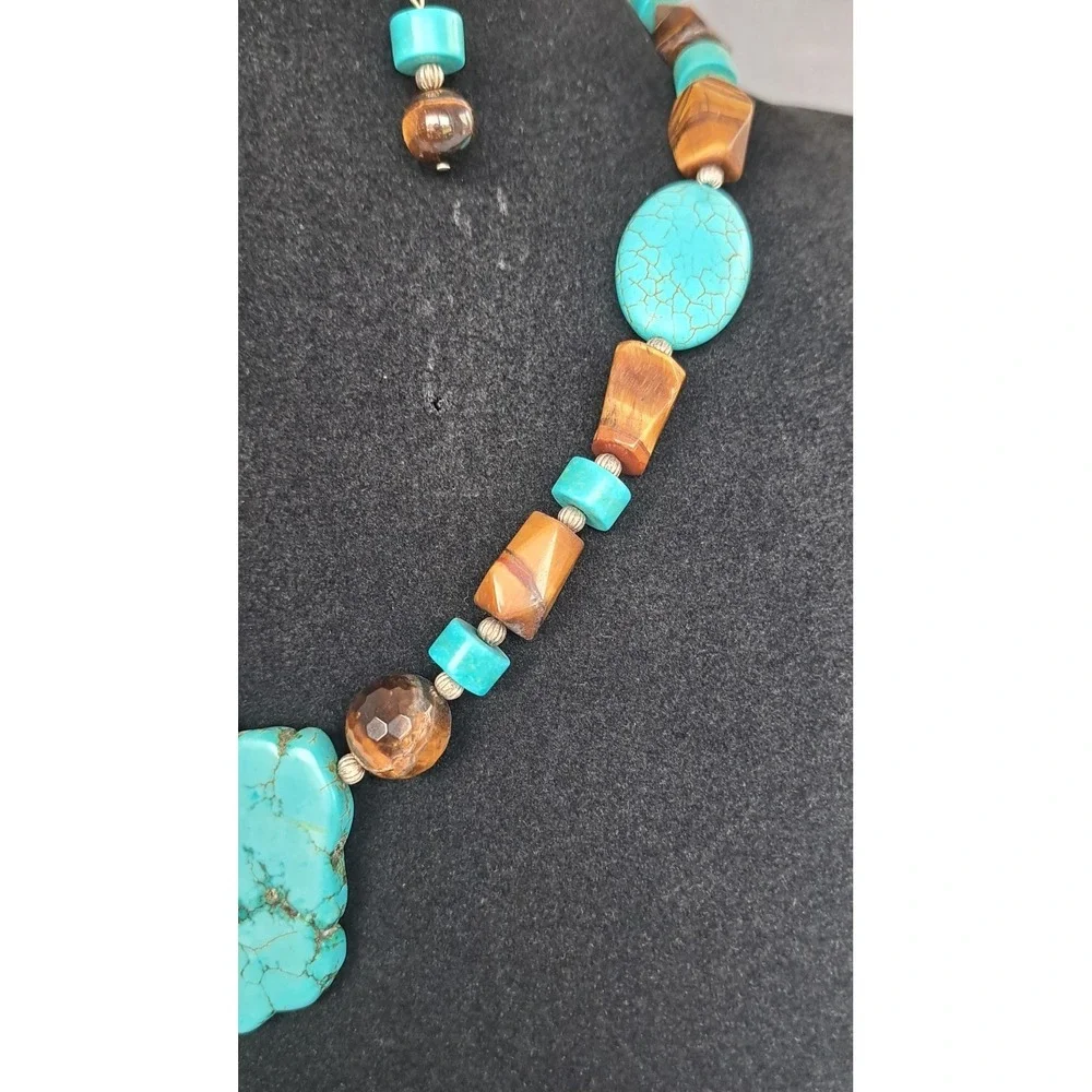 Fashion Jewelry Set Necklace Earrings Tiger Eye Turquoise Howlite Adjustable
